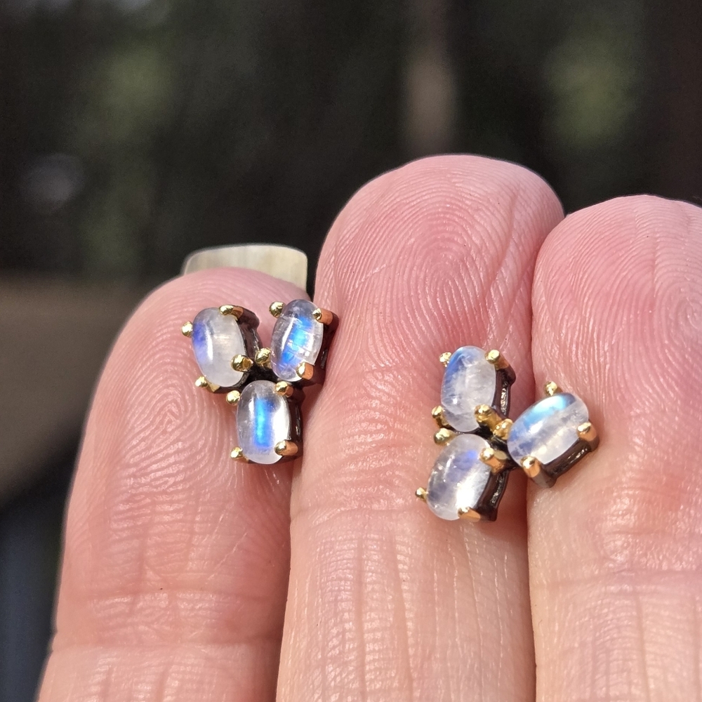 Moonstone 3k Natural Cluster Sterling Rhodium & Gold Earrings - Picture 5 of 10